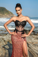 Load image into Gallery viewer, Burgundy Strapless Mermaid Evening Dress with Slit