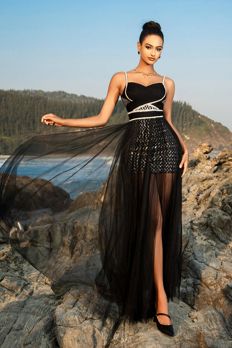 Load image into Gallery viewer, Black Spaghetti Strap Sequin A Line Evening dress