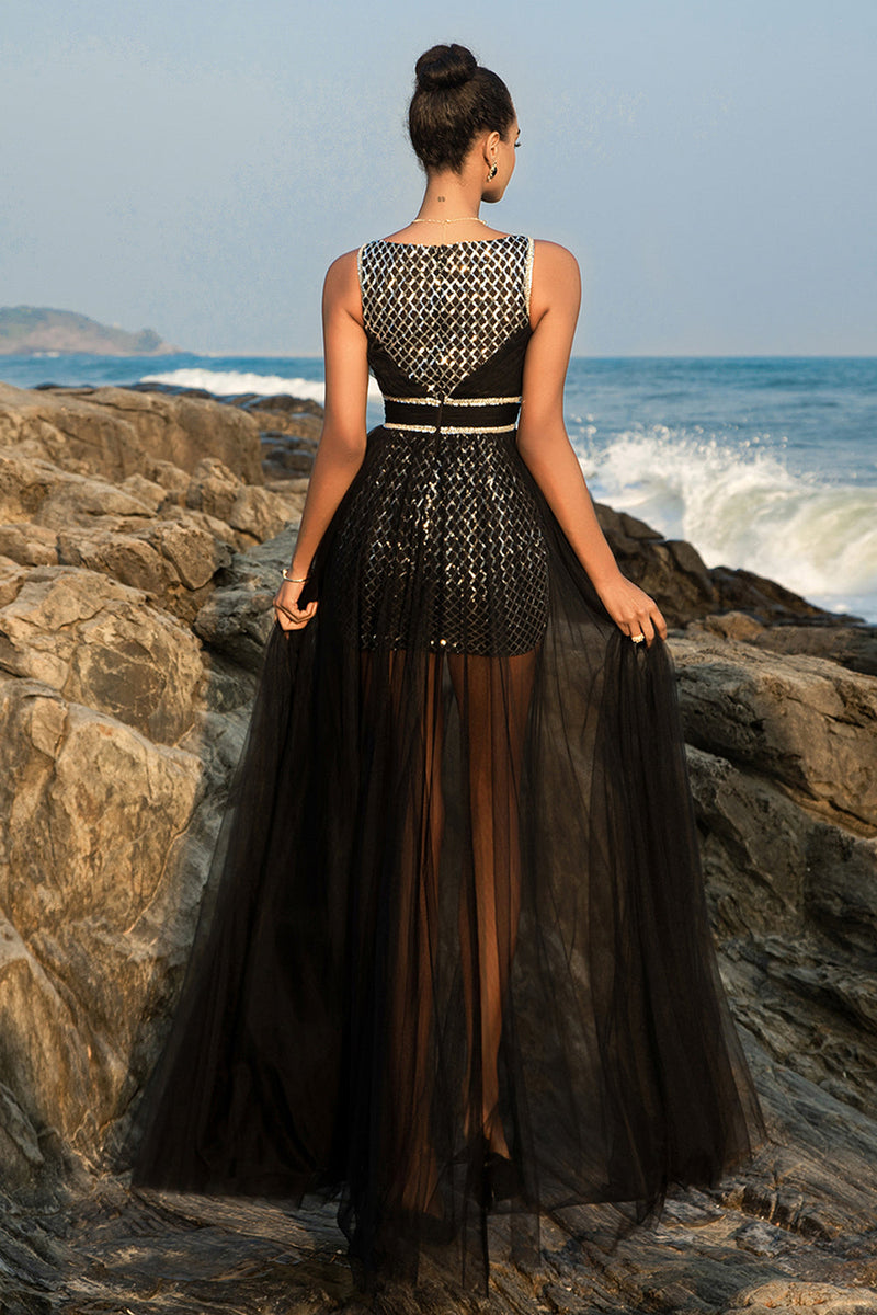 Load image into Gallery viewer, Black Spaghetti Strap Sequin A Line Evening dress
