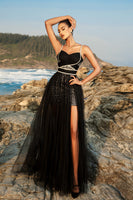 Load image into Gallery viewer, Black Spaghetti Strap Sequin A Line Evening dress