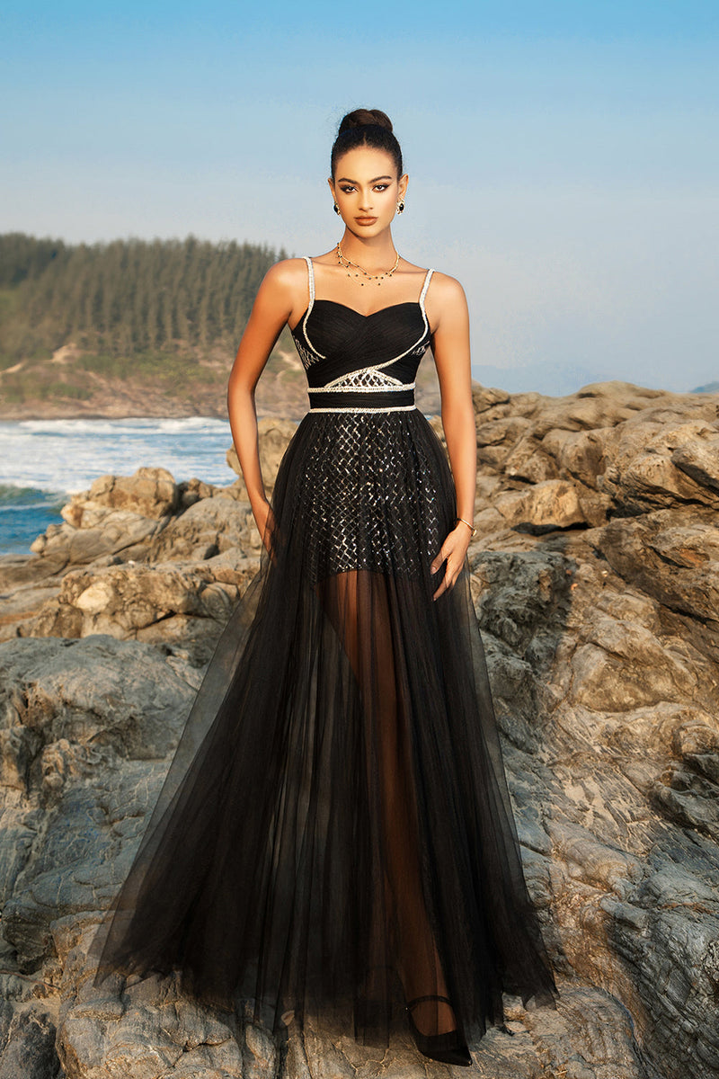 Load image into Gallery viewer, Black Spaghetti Strap Sequin A Line Evening dress