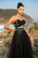 Load image into Gallery viewer, Black Spaghetti Strap Sequin A Line Evening dress
