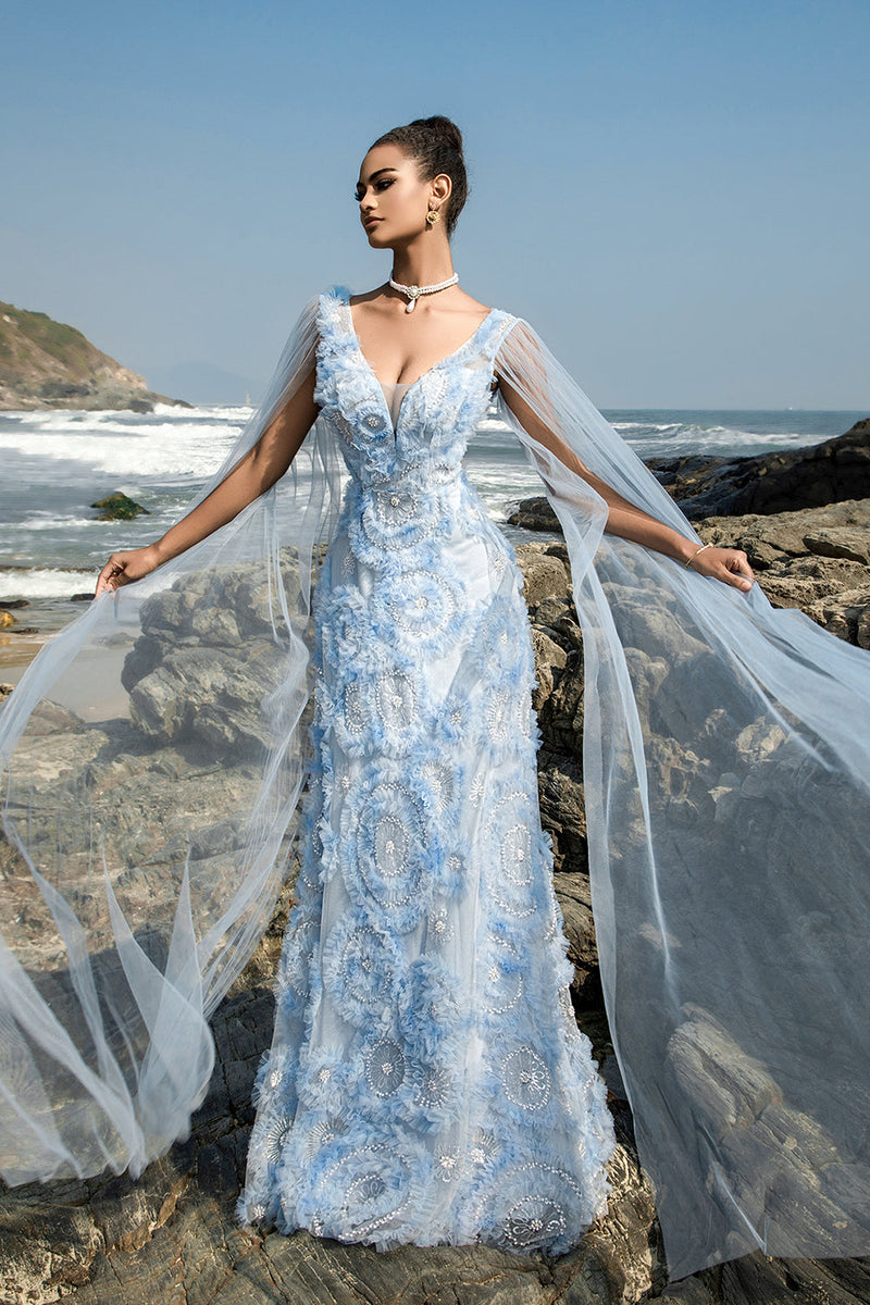 Load image into Gallery viewer, Light Blue V-Neck Sheath Evening Dress with Cape Sleeves