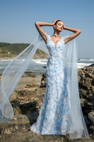 Load image into Gallery viewer, Light Blue V-Neck Sheath Evening Dress with Cape Sleeves