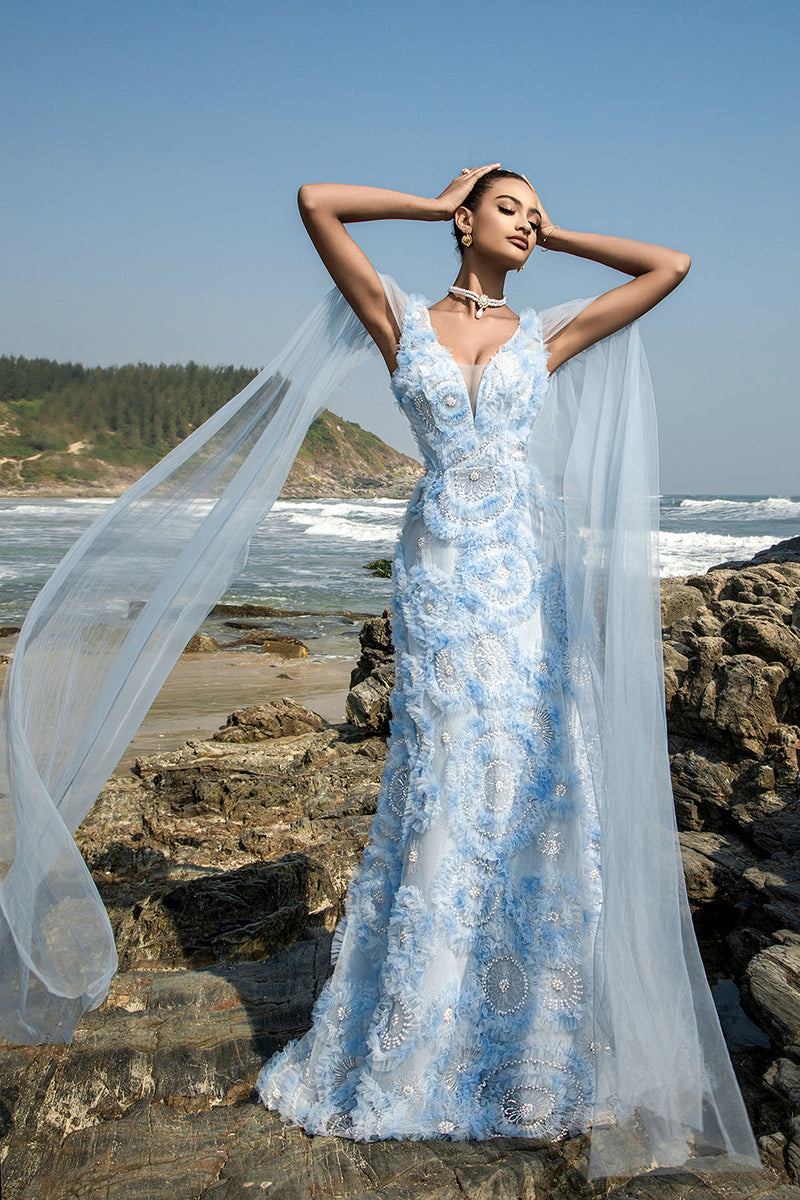 Load image into Gallery viewer, Light Blue V-Neck Sheath Evening Dress with Cape Sleeves