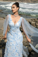 Load image into Gallery viewer, Light Blue V-Neck Sheath Evening Dress with Cape Sleeves