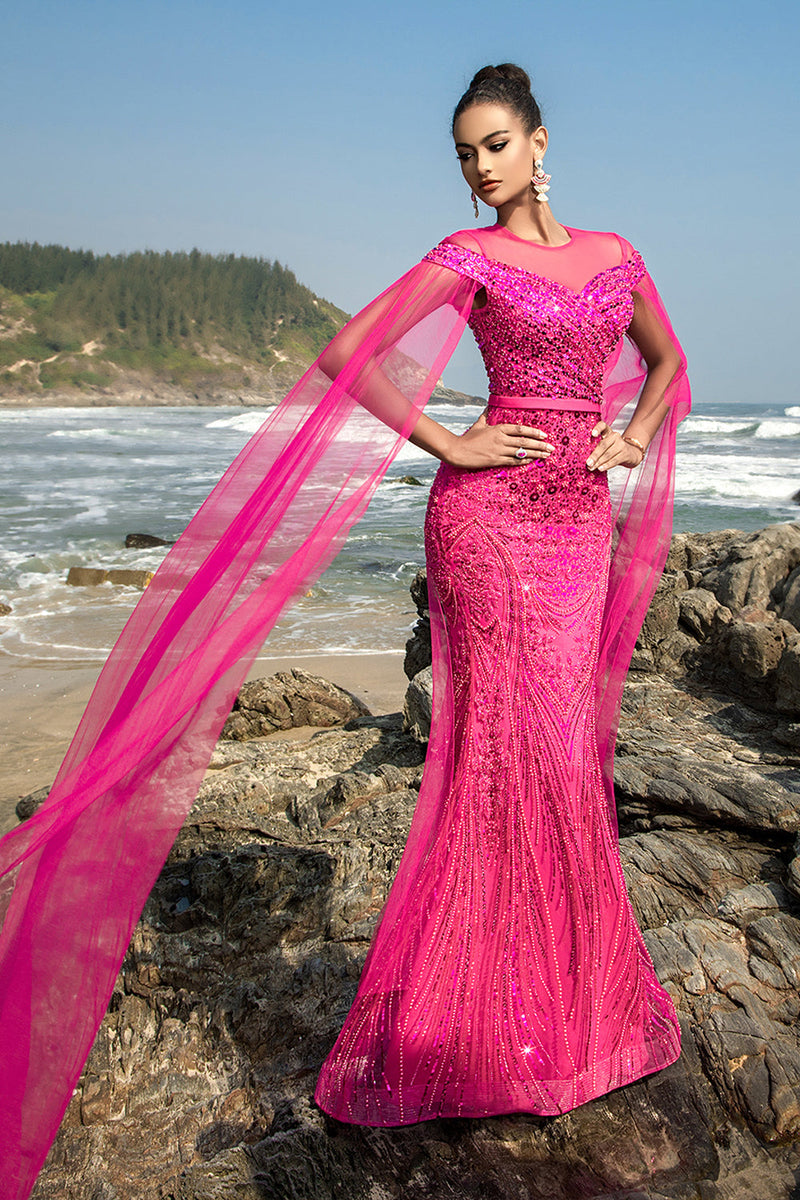 Load image into Gallery viewer, Fuchsia Sequin Mermaid Evening Dress with Cape Sleeves