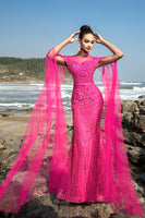 Load image into Gallery viewer, Fuchsia Sequin Mermaid Evening Dress with Cape Sleeves