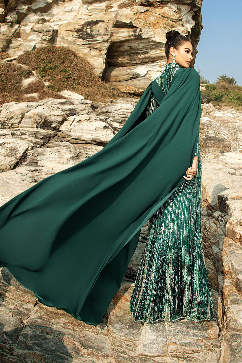 Load image into Gallery viewer, Sparkly Dark Green Mermaid Evening Dress with Cape Sleeves