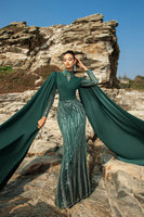 Load image into Gallery viewer, Sparkly Dark Green Mermaid Evening Dress with Cape Sleeves