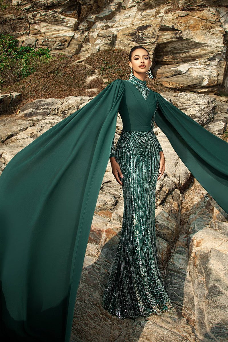Load image into Gallery viewer, Sparkly Dark Green Mermaid Evening Dress with Cape Sleeves