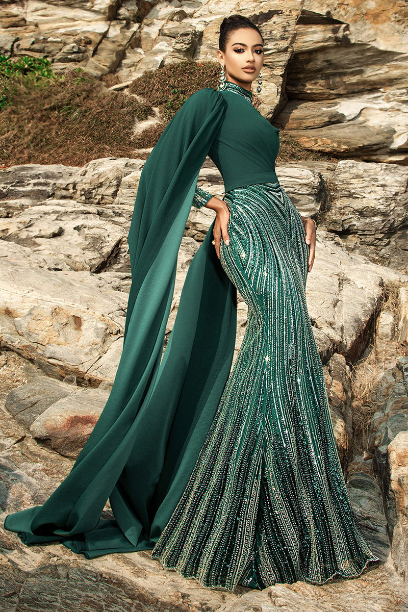 Load image into Gallery viewer, Sparkly Dark Green Mermaid Evening Dress with Cape Sleeves