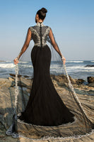 Load image into Gallery viewer, Black Mermaid Evening Dress with Detachable Cape