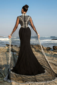 Black Mermaid Evening Dress with Detachable Cape