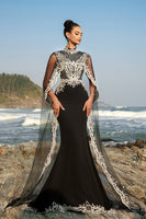 Load image into Gallery viewer, Black Mermaid Evening Dress with Detachable Cape