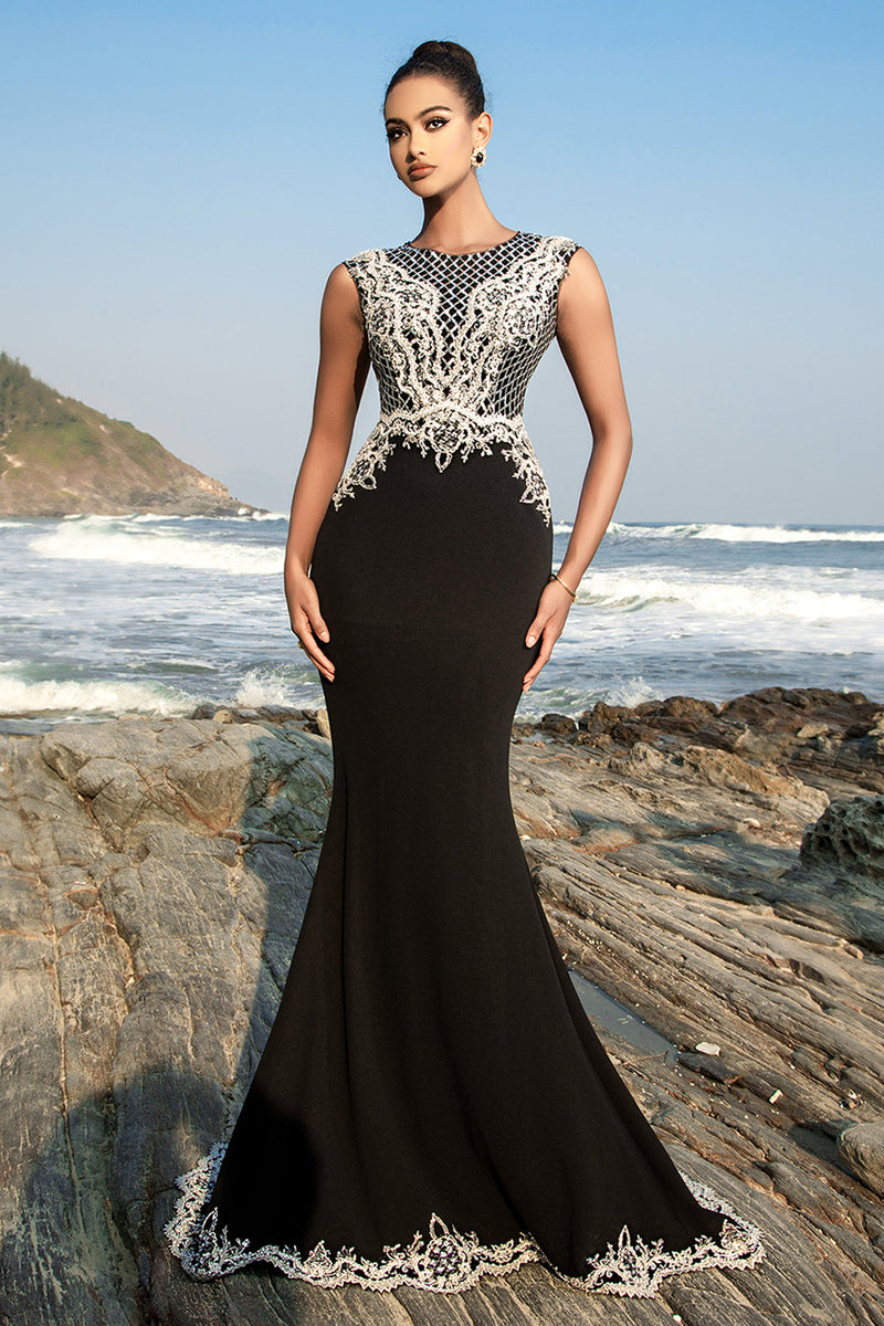 Load image into Gallery viewer, Black Mermaid Evening Dress with Detachable Cape