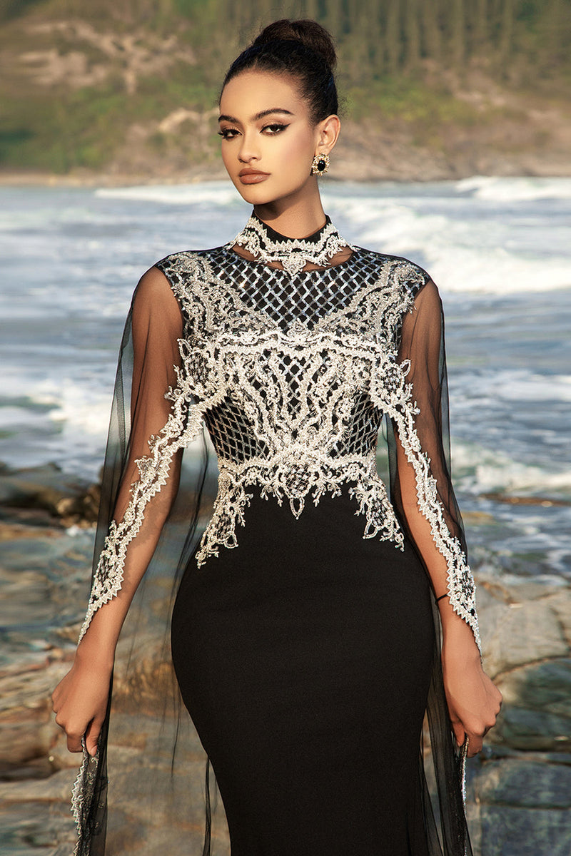 Load image into Gallery viewer, Black Mermaid Evening Dress with Detachable Cape