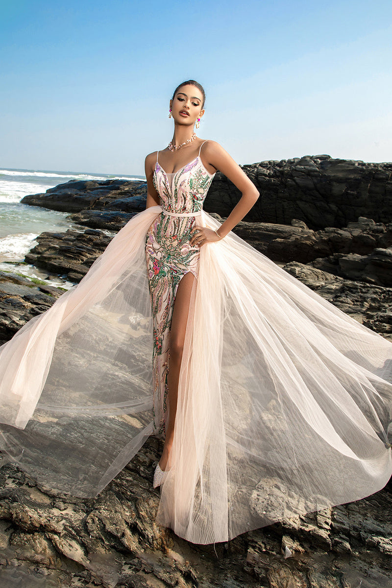 Load image into Gallery viewer, Sparkly Blush Sequin Mermaid Evening Dress With Streamer
