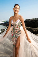 Load image into Gallery viewer, Sparkly Blush Sequin Mermaid Evening Dress With Streamer