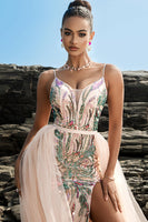 Load image into Gallery viewer, Sparkly Blush Sequin Mermaid Evening Dress With Streamer