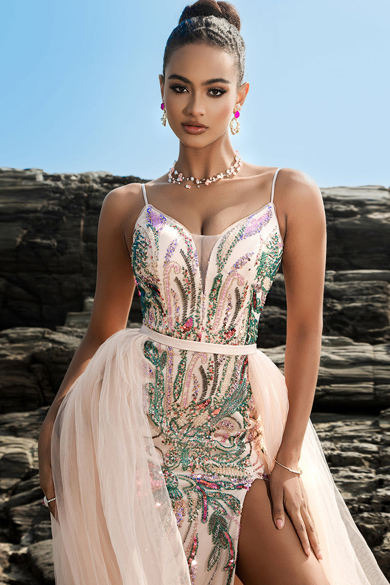 Load image into Gallery viewer, Sparkly Blush Sequin Mermaid Evening Dress With Streamer