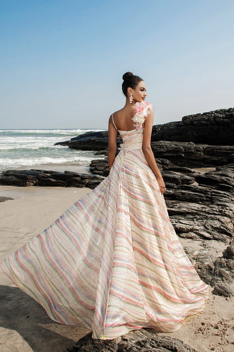 Load image into Gallery viewer, Apricot Sequin A Line Evening Dress with 3D Flowers