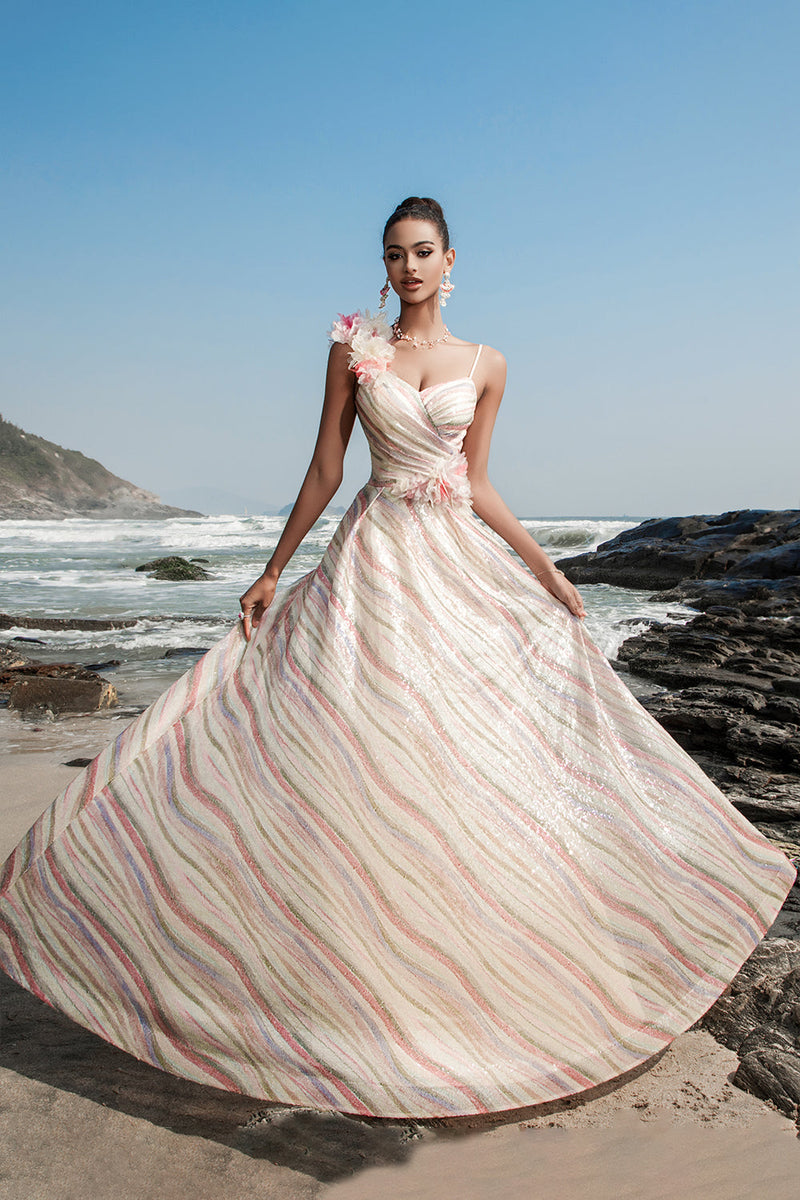 Load image into Gallery viewer, Apricot Sequin A Line Evening Dress with 3D Flowers