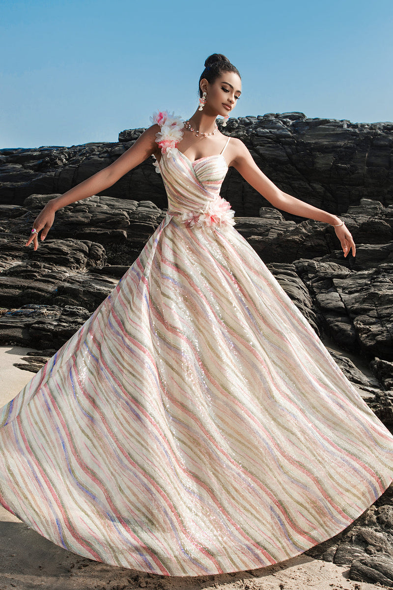 Load image into Gallery viewer, Apricot Sequin A Line Evening Dress with 3D Flowers