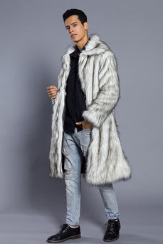 White Grey Thicken Lapel Puffy Mid-Long Faux Fur Coat