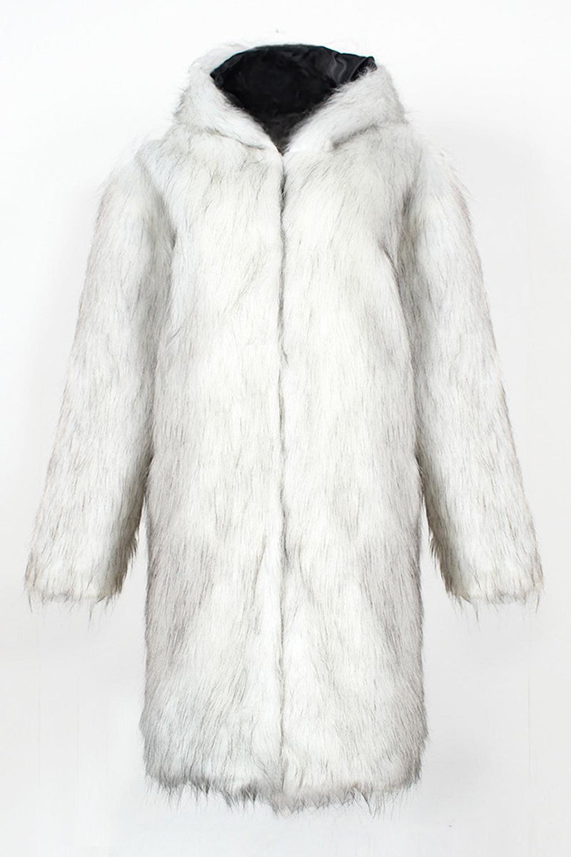 Load image into Gallery viewer, White Grey Thicken Hooded Puffy Mid-Long Faux Fur Coat