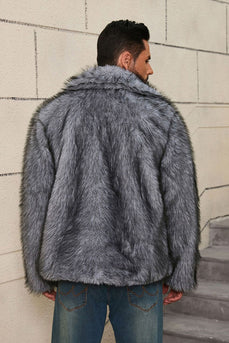 Grey Lapel Short Faux Fur Luxury Puffy Overcoat