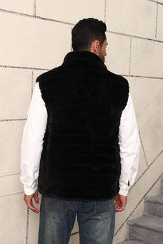 Black Thicken Sleeveless Warm Stand Collar Faux Fur Short Coat