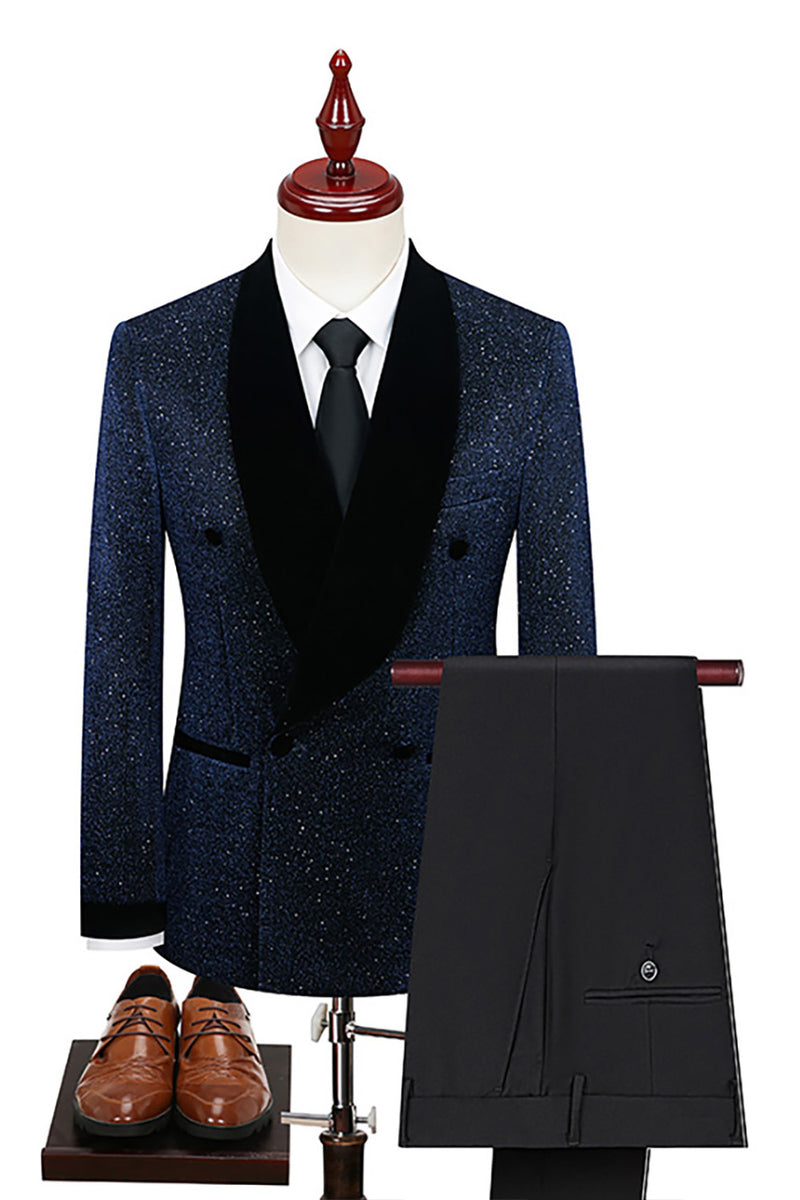Load image into Gallery viewer, Sparkly Navy Sequin Shawl Lapel 2 Pieces Slim Fit Men's Prom Suits