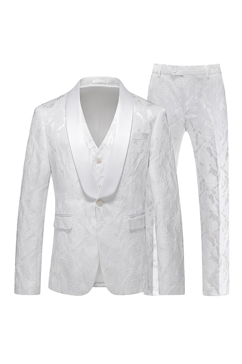 Load image into Gallery viewer, White Jacquard Shawl Lapel Single Breasted 3 Pieces Prom Suits