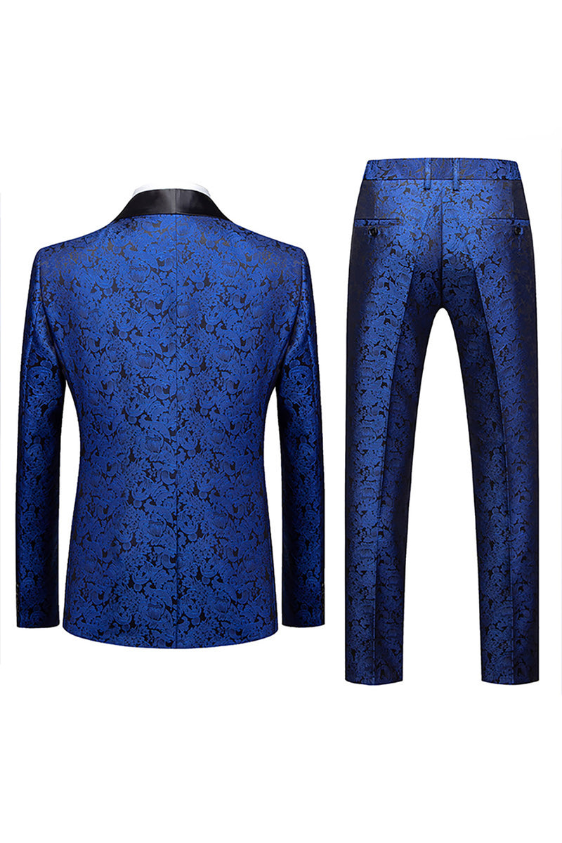 Load image into Gallery viewer, Blue Jacquard Shawl Lapel 2 Pieces Prom Suits