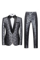 Load image into Gallery viewer, Blue Jacquard Shawl Lapel 2 Pieces Prom Suits
