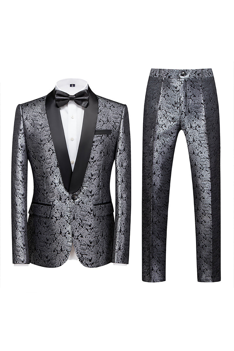 Load image into Gallery viewer, Blue Jacquard Shawl Lapel 2 Pieces Prom Suits