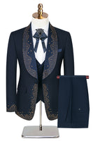 Load image into Gallery viewer, Navy Beaded Shawl Lapel Single Breasted 3 Pieces Prom Suits