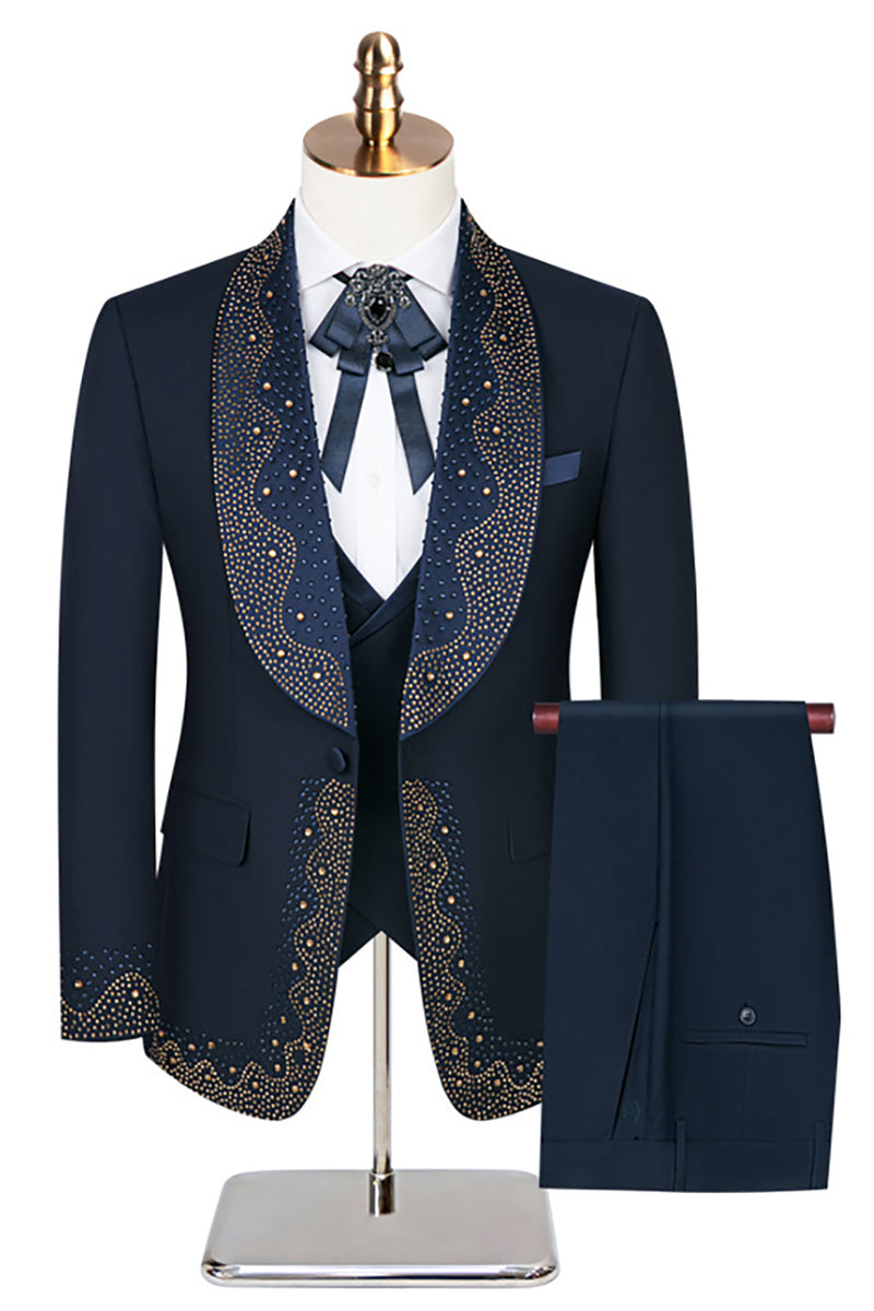 Load image into Gallery viewer, Navy Beaded Shawl Lapel Single Breasted 3 Pieces Prom Suits