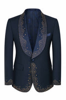 Load image into Gallery viewer, Navy Beaded Shawl Lapel Single Breasted 3 Pieces Prom Suits