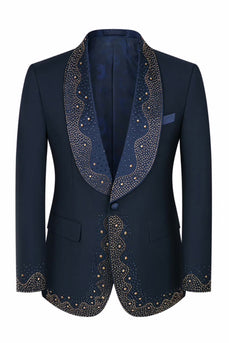 Navy Beaded Shawl Lapel Single Breasted 3 Pieces Prom Suits