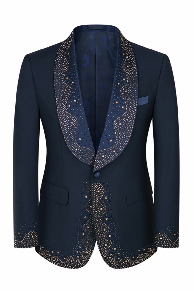 Load image into Gallery viewer, Navy Beaded Shawl Lapel Single Breasted 3 Pieces Prom Suits