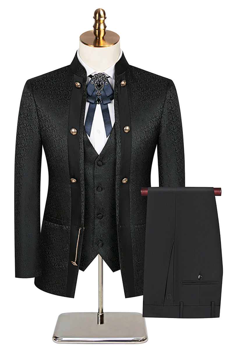 Load image into Gallery viewer, Stand Collar Jacquard Black 3 Pieces Prom Suits