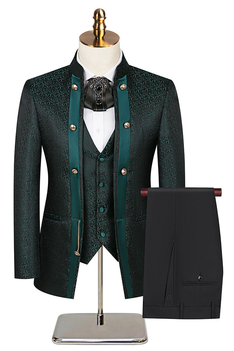 Load image into Gallery viewer, Stand Collar Jacquard Black 3 Pieces Prom Suits