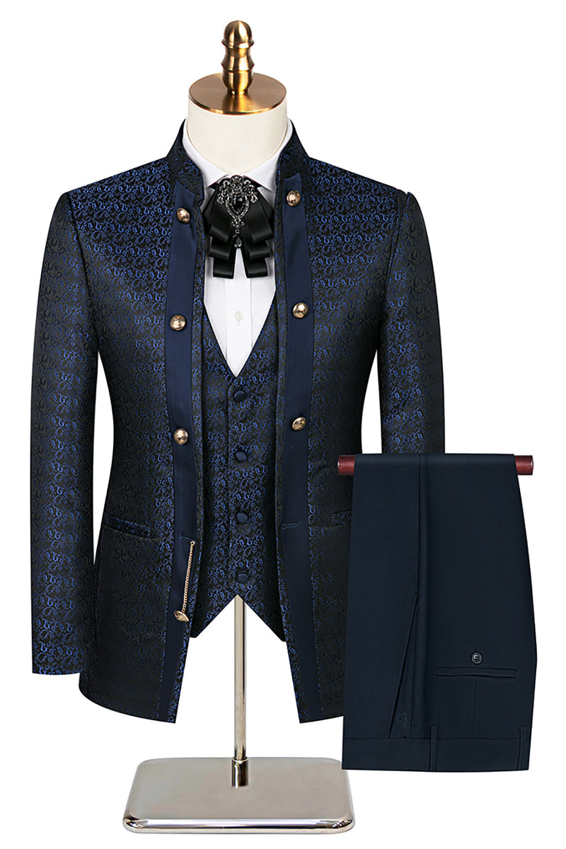 Load image into Gallery viewer, Stand Collar Jacquard Black 3 Pieces Prom Suits