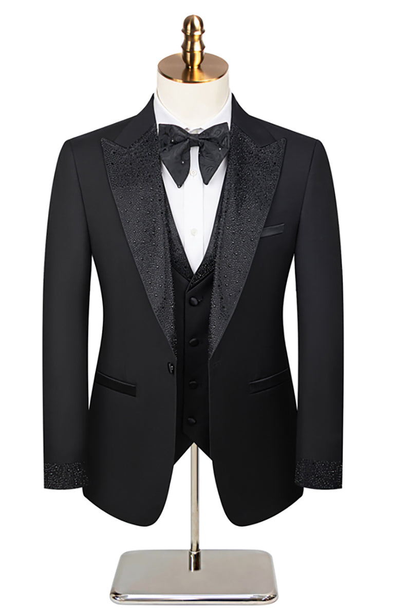 Load image into Gallery viewer, Black Peaked Lapel Beaded 3 Pieces Wedding Suits