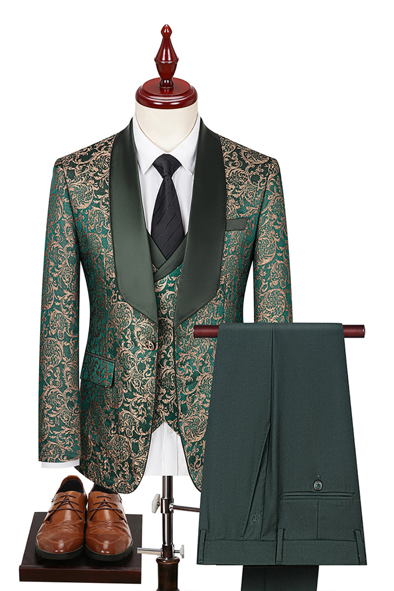 Load image into Gallery viewer, Dark Green Jacquard Shawl Lapel 3 Pieces Prom Suits