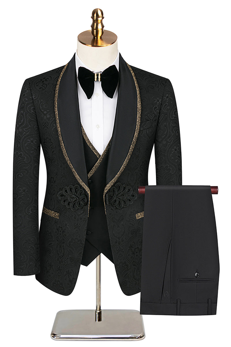 Load image into Gallery viewer, Black Jacquard Shawl Lapel 3 Pieces Prom Suits