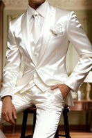 Load image into Gallery viewer, White Peaked Lapel Satin 3 Pieces Men's Prom Suits