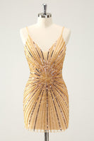 Load image into Gallery viewer, Golden Bodycon Spaghetti Straps Graduation Dress with Sequins